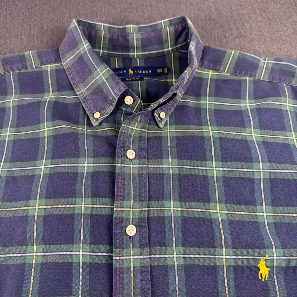 Polo‎ Ralph Lauren  Fit Plaid Shirt Mens 2XLT Tall Navy Green Yellow Button Down